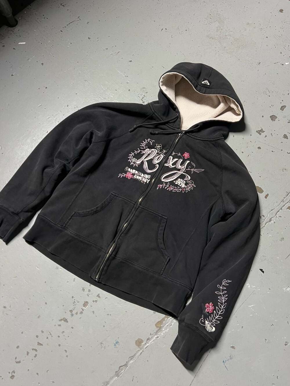 Roxy Boardriding Company Full-Zip Fleece Hoodie Size XL Black Embroidered